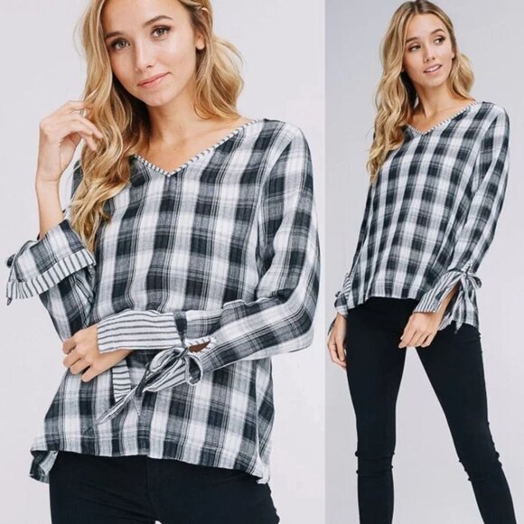 Crescent Plaid Checkered Print V-Neck Long Sleeve Tie Cuff Blouse Woven Top - Picture 1 of 10